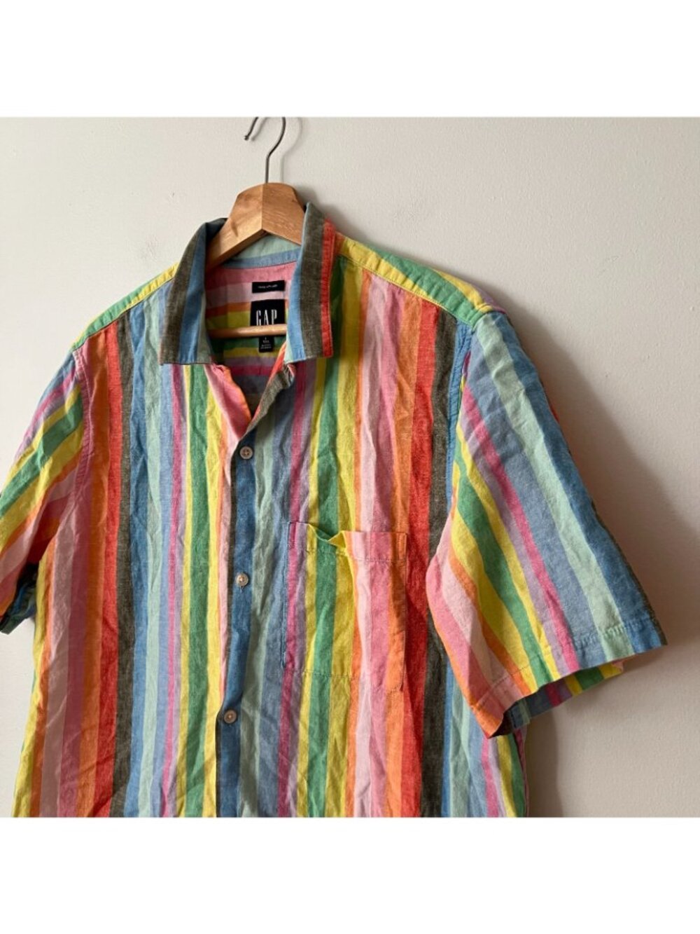 GAP Linen-Cotton Rainbow Striped Short Sleeve Button Up Shirt Men's Size L Tall - Picture 3 of 10